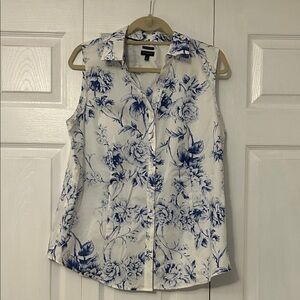 Talbots White Sleeveless Button-Front Top with Blue Floral Print